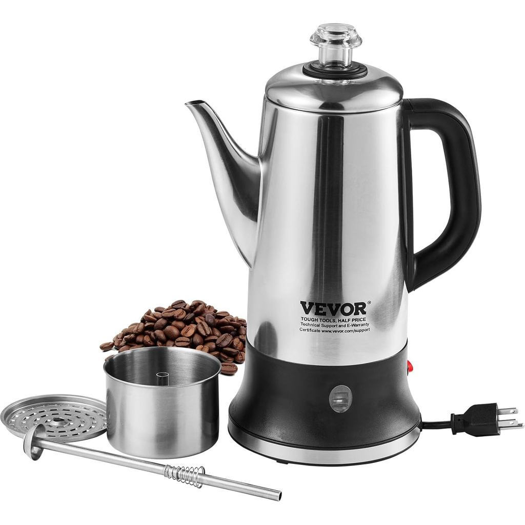 Cafeteira Elétrica VEVOR 12 Xícaras, Cafeteira de Aço Inoxidável 304, 1000W, Aquecimento Automático e Base de Potência D
