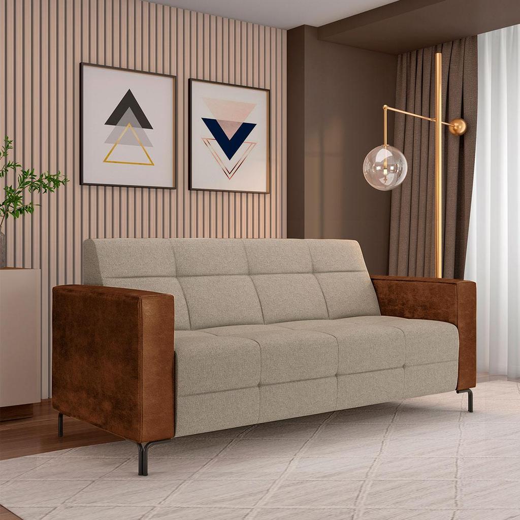 Imagem Sofá Living Decorativo Houston 2 Lugares 160cm Pés em Metal Linho/PU Bege Escuro/ Marrom G33 - Gran Belo