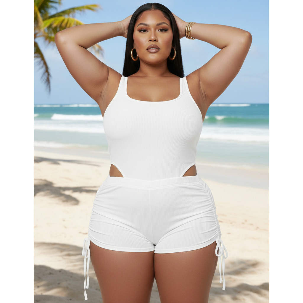 Kit Maiô E Short Plus Size Forrado Canelado Praia Ajustável