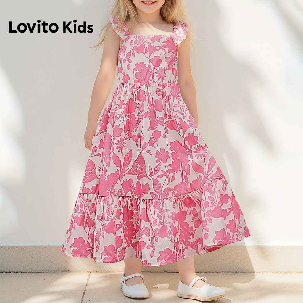 Lovito Kids Vestido Boho Babado Camadas em Tiered Smocked Primavera/verão Rosa para Menina L174LD141