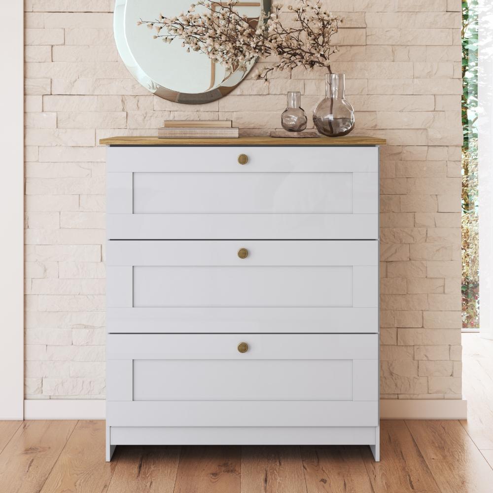 Cômoda 3 Gavetas 80cm CM4300 Branco/Ipê - Decibal Móveis em Oferta na Shopee