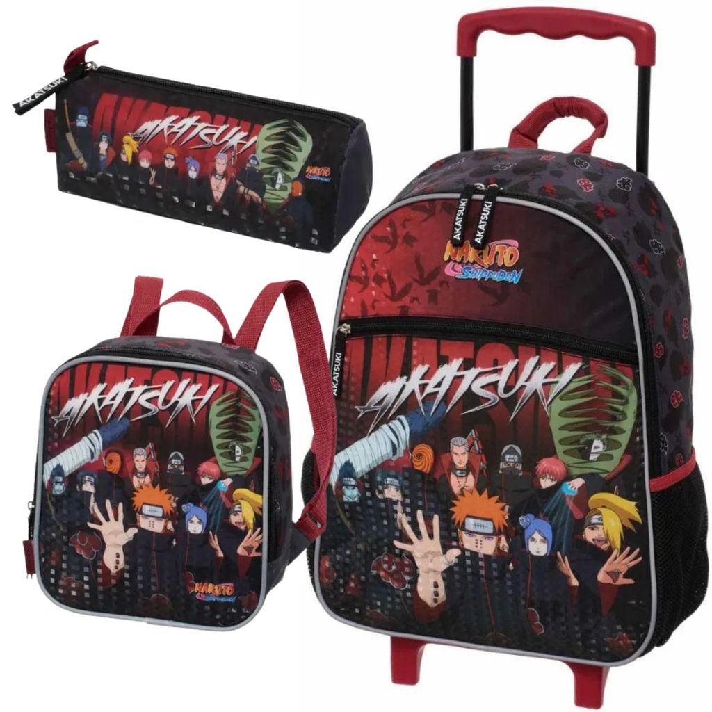 Kit Mochila Rodinhas Infantil Lancheira Estojo Naruto Akatsuki Rising Pacific