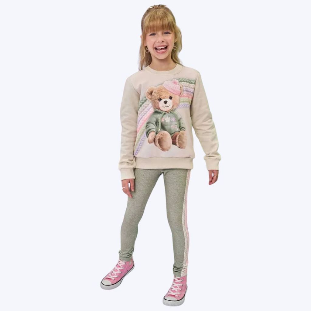 Conjunto Casaco Moletom Ursinho E Calça Legging Termoskin Infantil Menina Infanti 80339 Offwhite