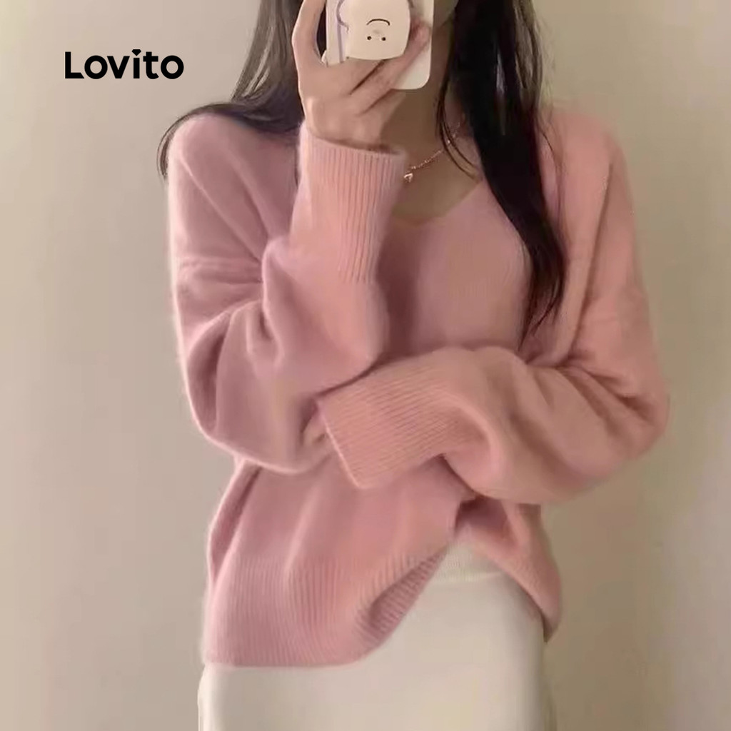 Lovito Suéter Casual Vermelho Para Festa Estilo Casual Simples Outono/inverno Rosa Para Mulheres LNA130006 em Oferta na Shopee