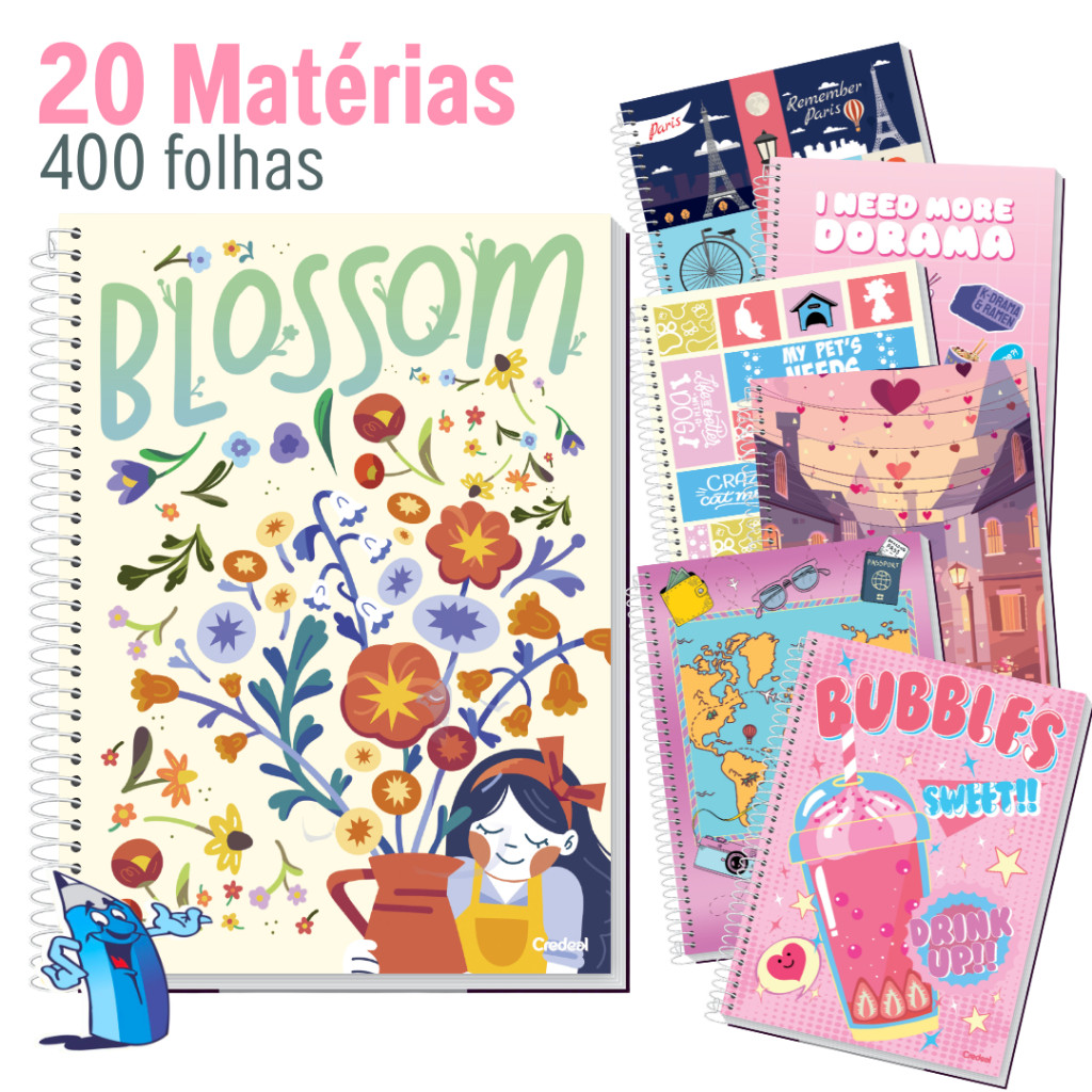 CADERNO 20 MATERIAS FEMININO 400 FOLHAS MATERIAL ESCOLAR VOLTA ÀS AULAS em Oferta na Shopee