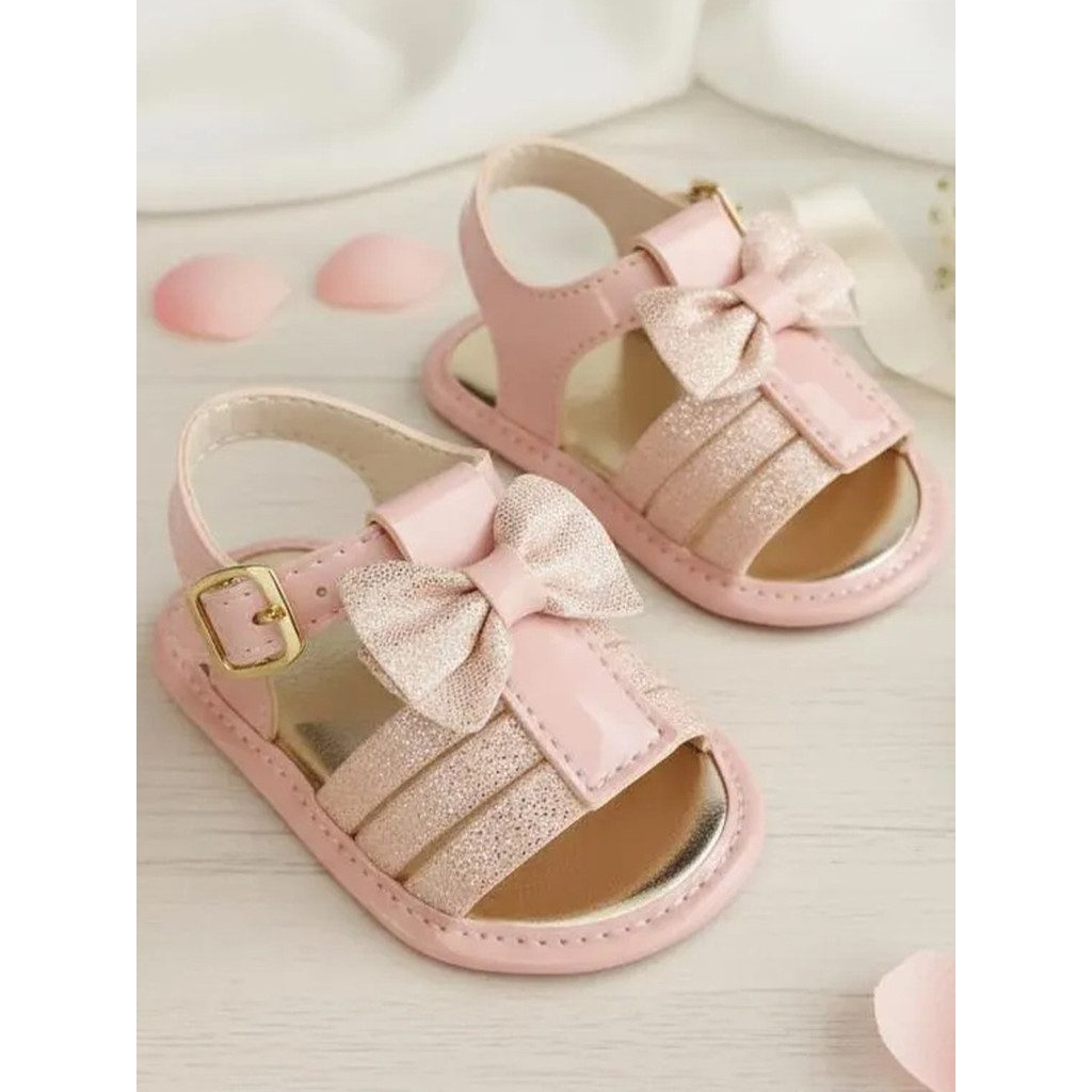 Sandália Bebê Menina Branco Rosa Laço Brilho Recém Nascida