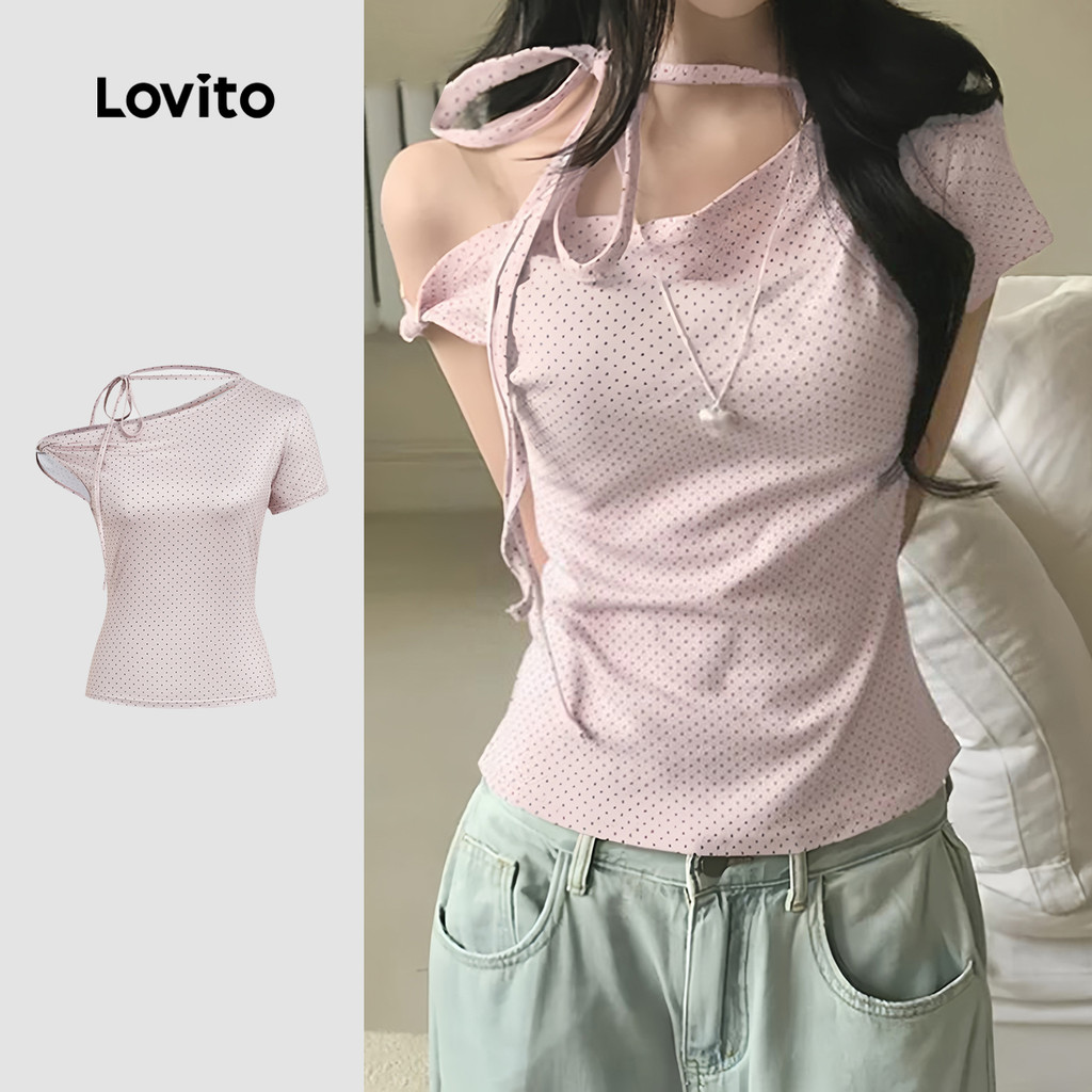 Lovito Casual Camiseta Cadarço Ombros Caídos Blusa Coreana Ombros De Fora Rosa Para Mulheres Bordado L173AD157