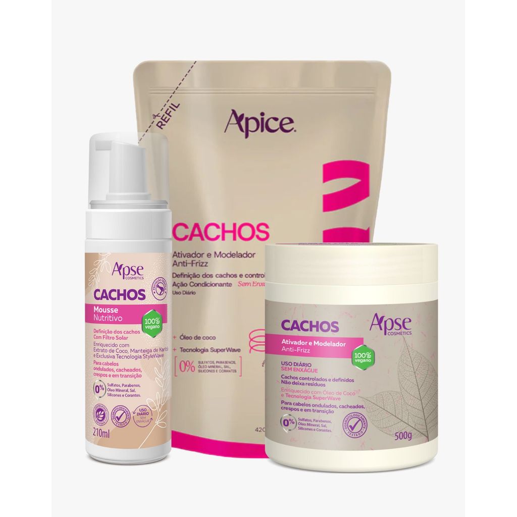 Kit Mousse 210ml, Ativador e Refil Ativador 500ml Cachos Apice