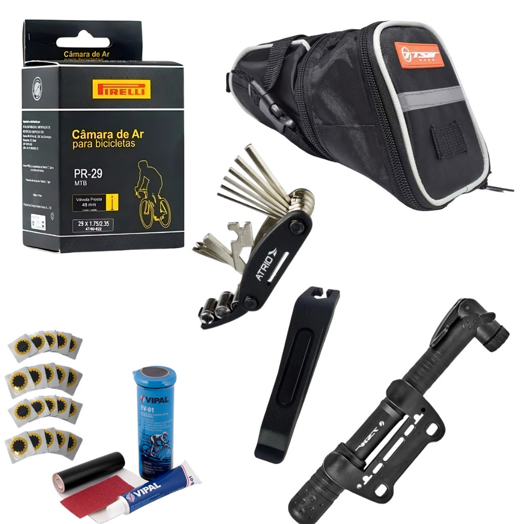 Kit Ciclismo Completo Bolsa de Selim Câmara de Ar Canivete de Ferramentas Kit Remendo Bomba de Ar