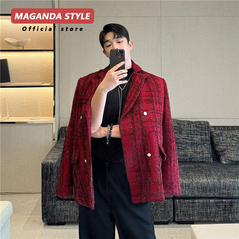 2026 primavera única moda brilhante seda grosso tecido xadrez versão larga almofadas de ombro terno Casual das mulheres 