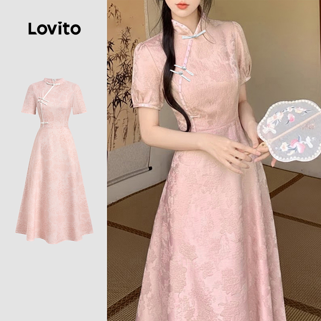Lovito Vestido Elegante De Festa Com Zíper E Botões Rosa Para Mulheres Ideal Para a Primavera/verão LK2ED449 em Oferta na Shopee