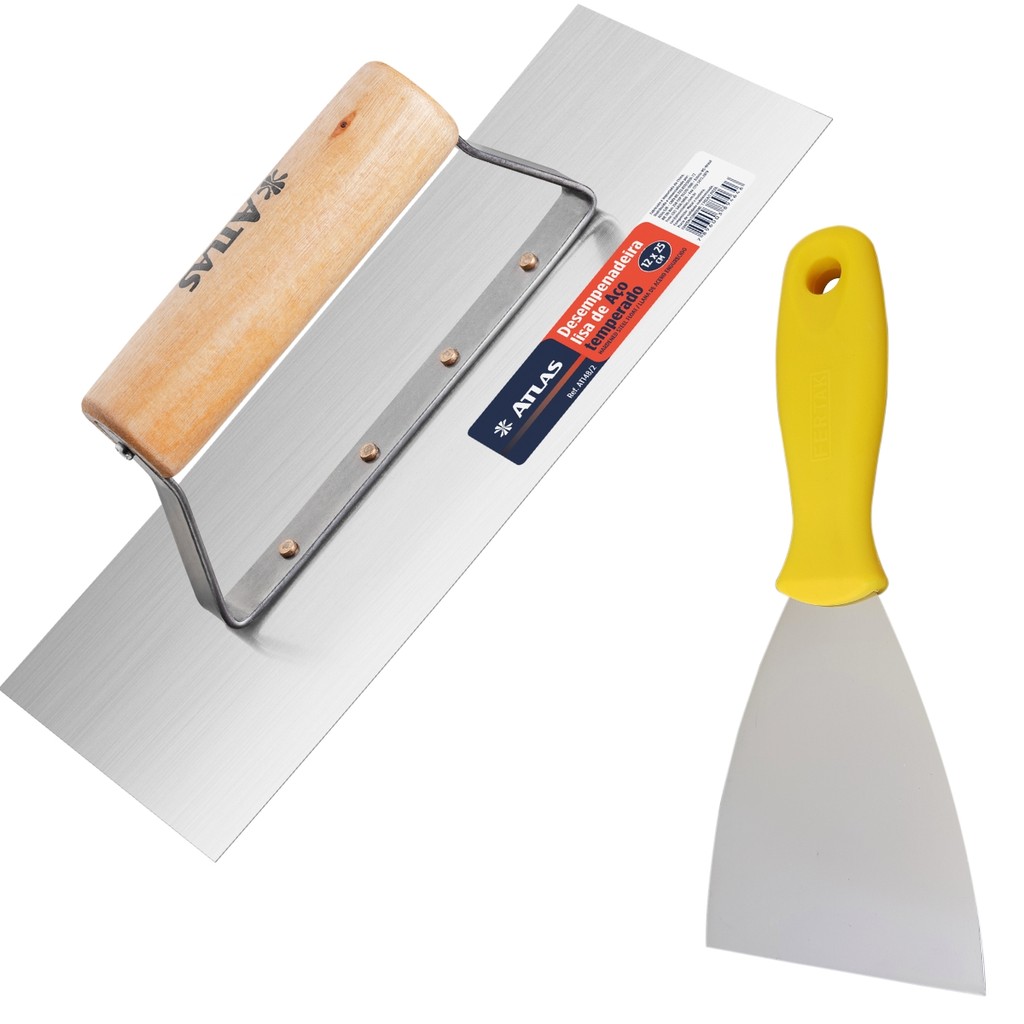 Kit Desempenadeira de Aço Lisa com Cabo de Madeira e Espátula 6cm Aço Carbono Cabo Plástico PVC Profissional