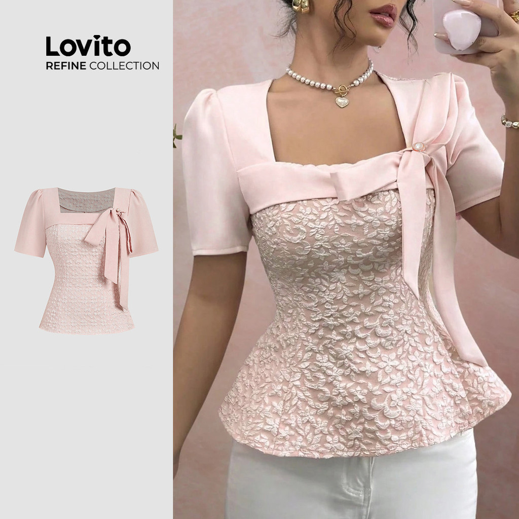 (Lovito Refine)  Blusa Elegante Jacquard Laço Primavera/verão Blusa Rosa para Mulheres LR29L063