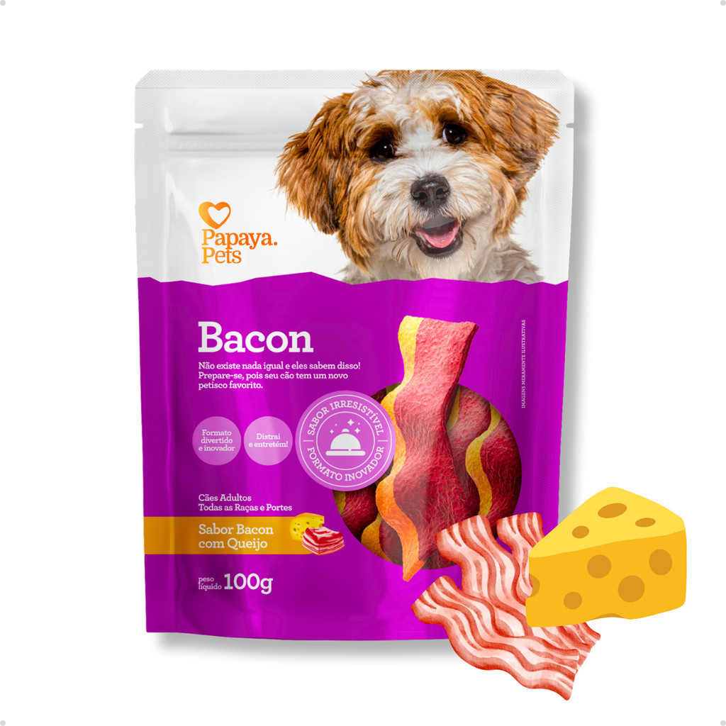 Petisco Natural Snack para Cachorro Mordedor Duro Formato e Sabor Bacon com Queijo Papaya Pets 100g