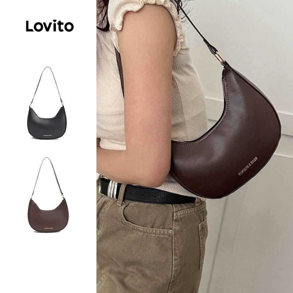 Lovito Bolsa De Ombro Casual Bolsa De Ombro Básica Lisa Para Mulheres L66AD030 (Marrom/Preto) em Oferta na Shopee