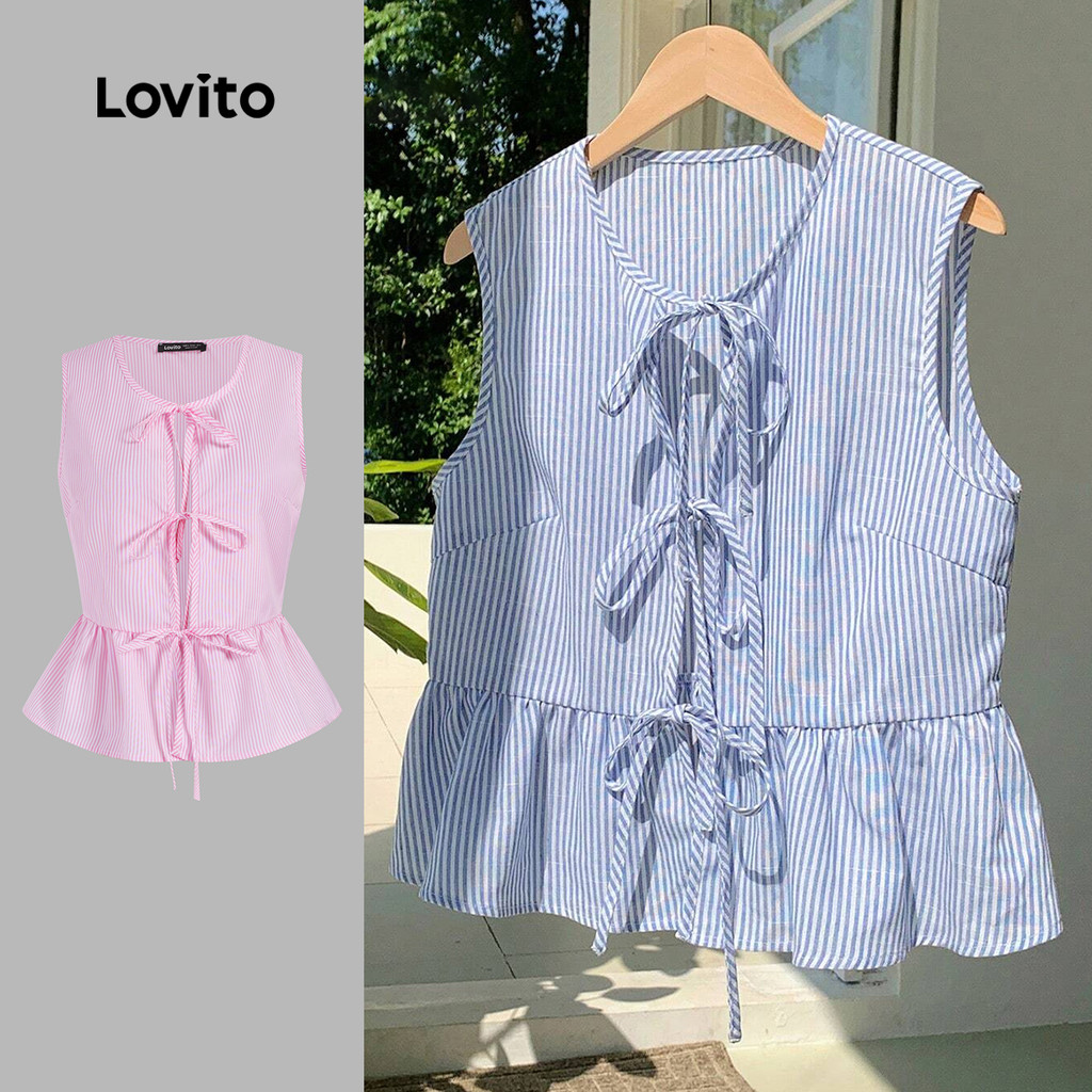 Lovito Regata Casual Listrada Com Gravata Frontal Primavera/Verão Para Mulheres L106AD080