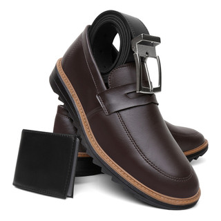 Kit Sapato Masculino Social Mocassim Cafe Carteira Cinto + Palmilha Brinde