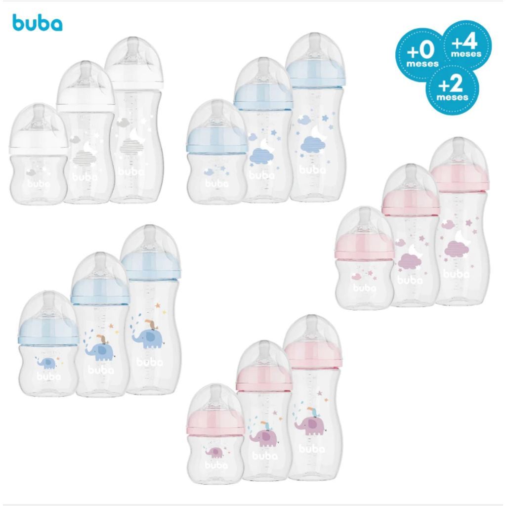 Mamadeiras Buba Easy Flow Anticolica  Bico Pétala 120/270/330ml  nas cores Rosa, Branco e Azul