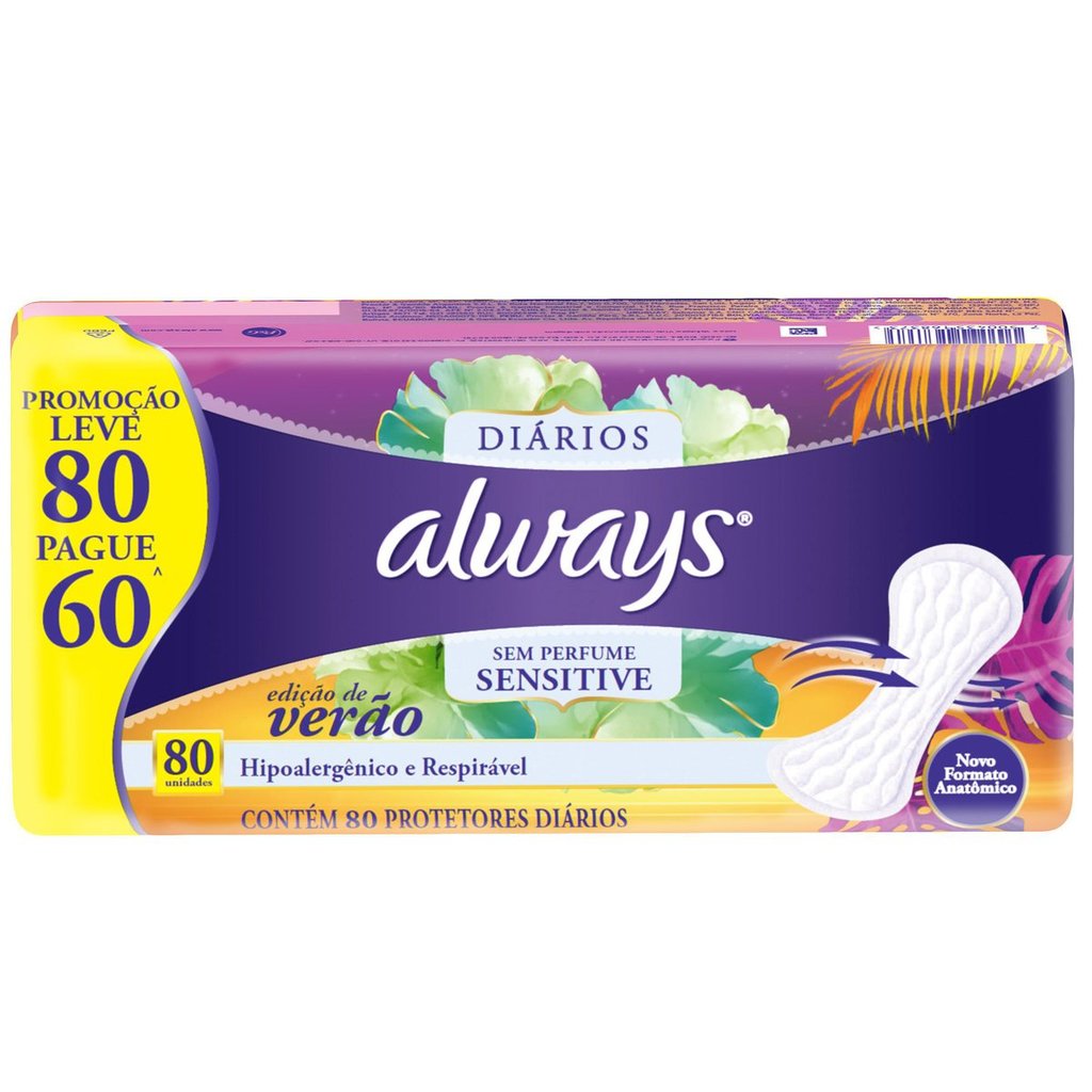 Protetor Diário Always Respirável Sensitive Sem Perfume 80 Unidades em Oferta na Shopee