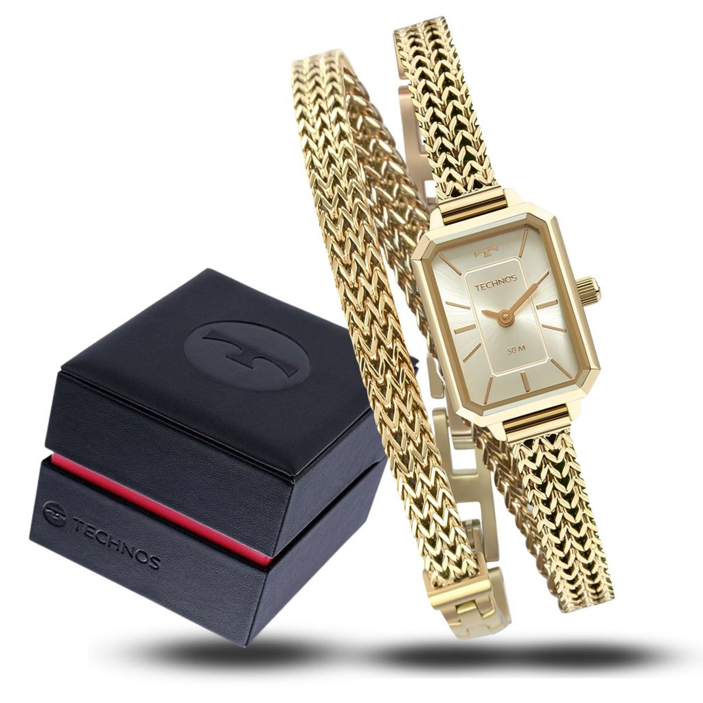 Relógio Technos Feminino Mini Quadrado Aço Dourado Original