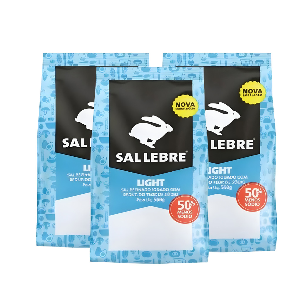 Sal Refinado Light Menos Sódio Lebre Iodado 500g - 3 Unidades