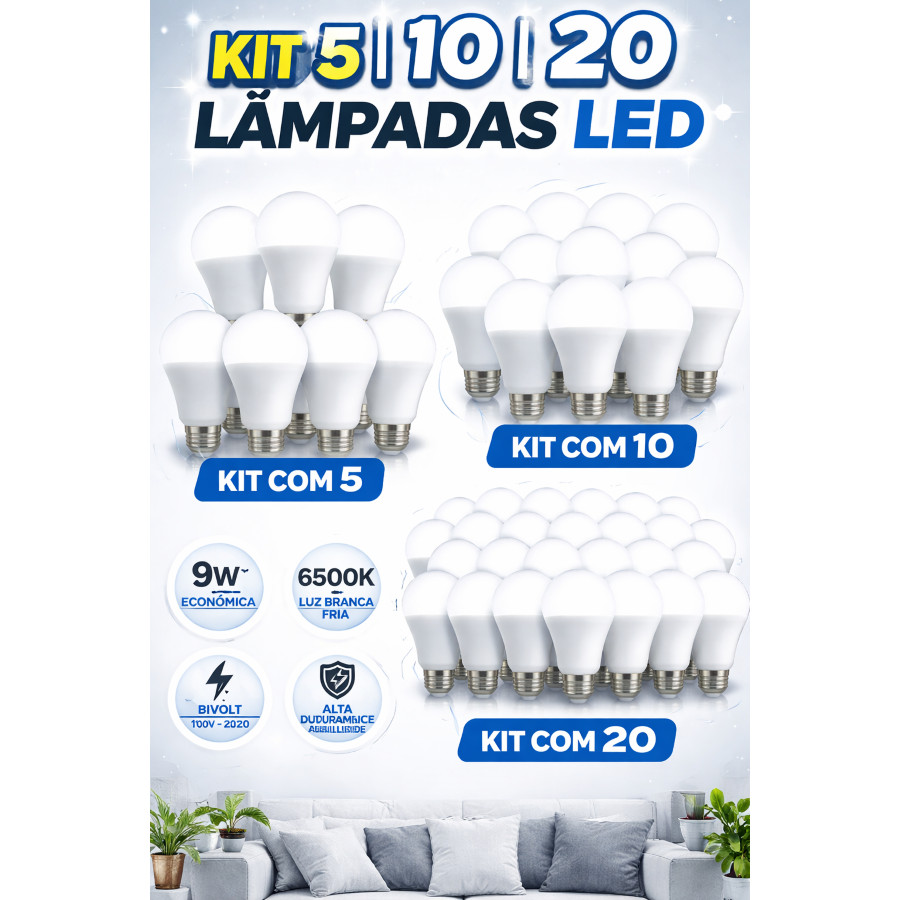 Kit 5/10/20 Lâmpada Led 9W 6500K Branco Frio Bivolt E27 Luz Branca Forte Ambiente Aconchegante