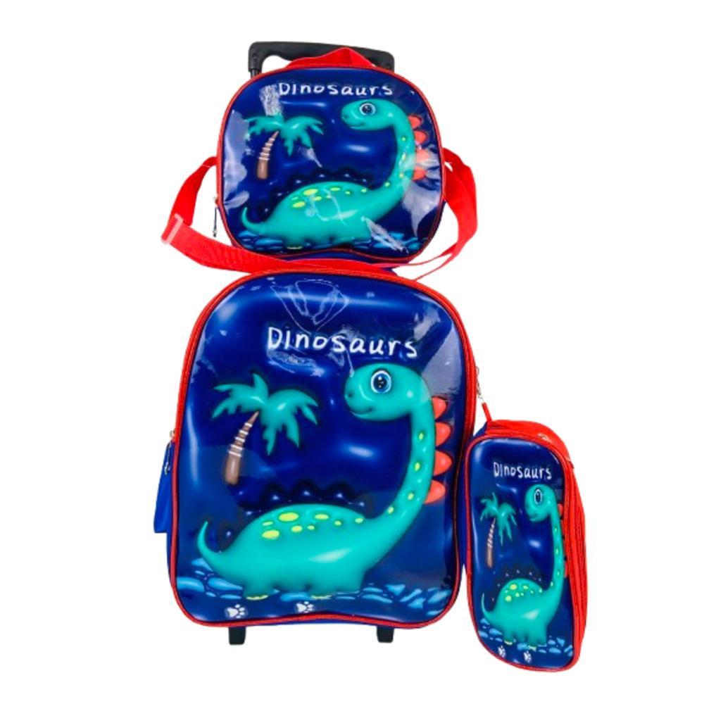 Kit Mochila Escolar Infantil com Rodinhas Dino Menino 3 Peças Lancheira Térmica Estojo 40x27x15