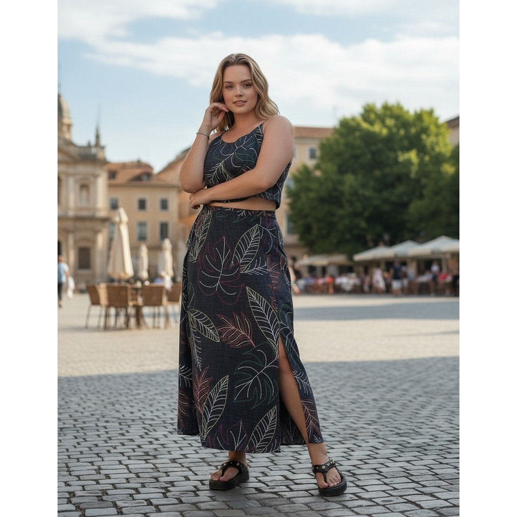 Conjunto Cropped Saia Midi Laço Envelope Frente Amarrar Crop