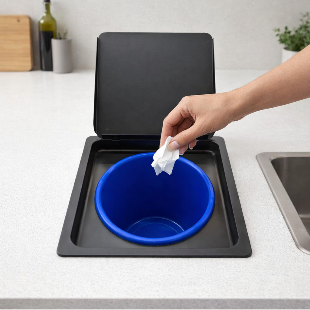 Lixeira De Embutir Bancada Tampa em 5L Aço Inox Banheiro Cozinha Basculante Resistente
