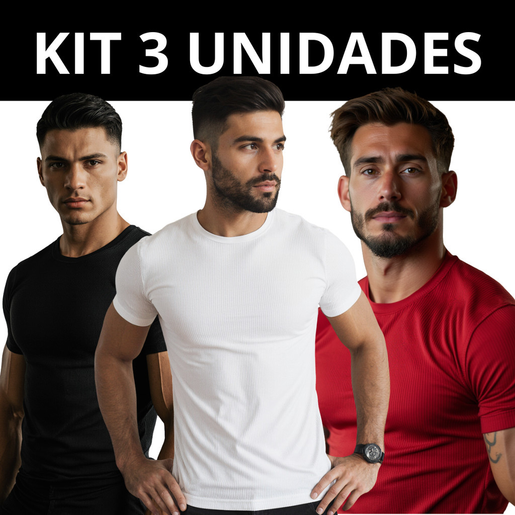 Kit com 3 Camiseta Masculina Canelada Lisa Slim estilo Americana estilosa academia Rapper gringa justa