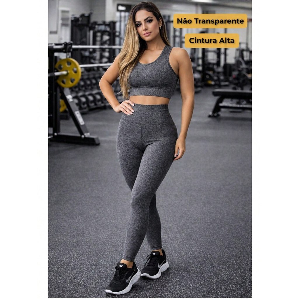 Conjunto Fitness Feminino Top + Bermuda Cintura Alta Modelador Zero Transparência