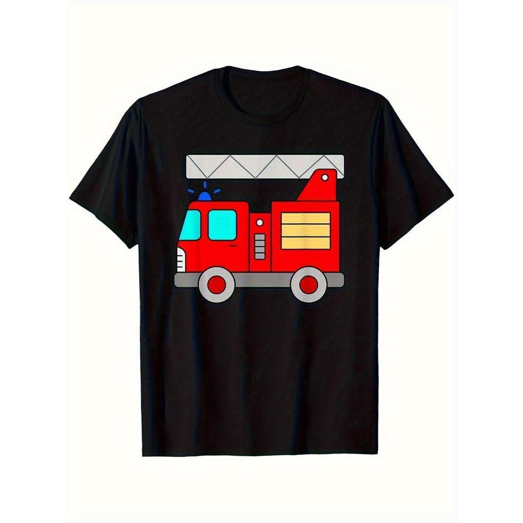 T-shirt Gráfica de Camião de Bombeiros para Homem - 100% Gola Redonda, Corte Regular, Top Casual com Design Vibrante de