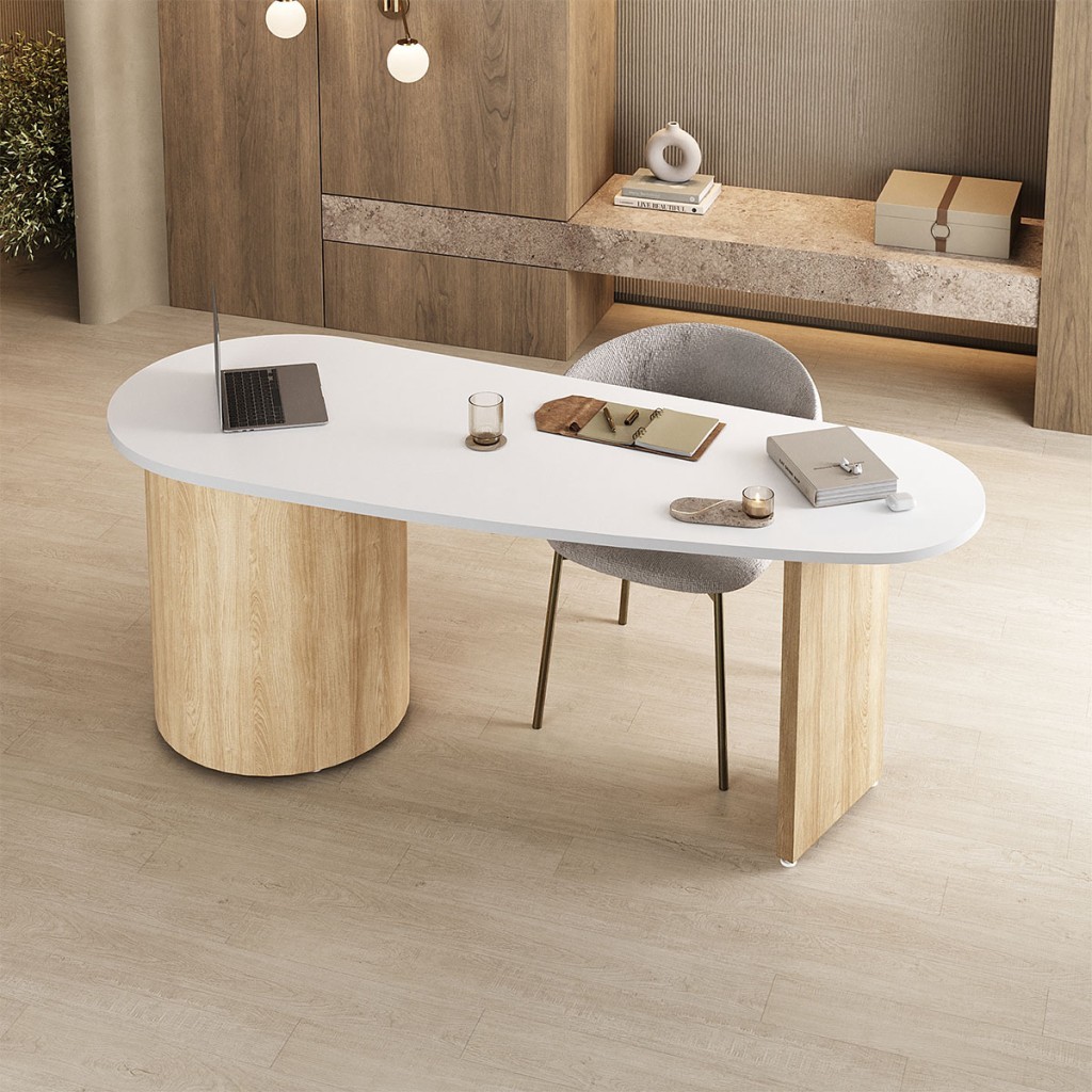 Mesa para Escritório Ovale 4 Gavetas Branco/Carvalho - Artany Móveis em Oferta na Shopee