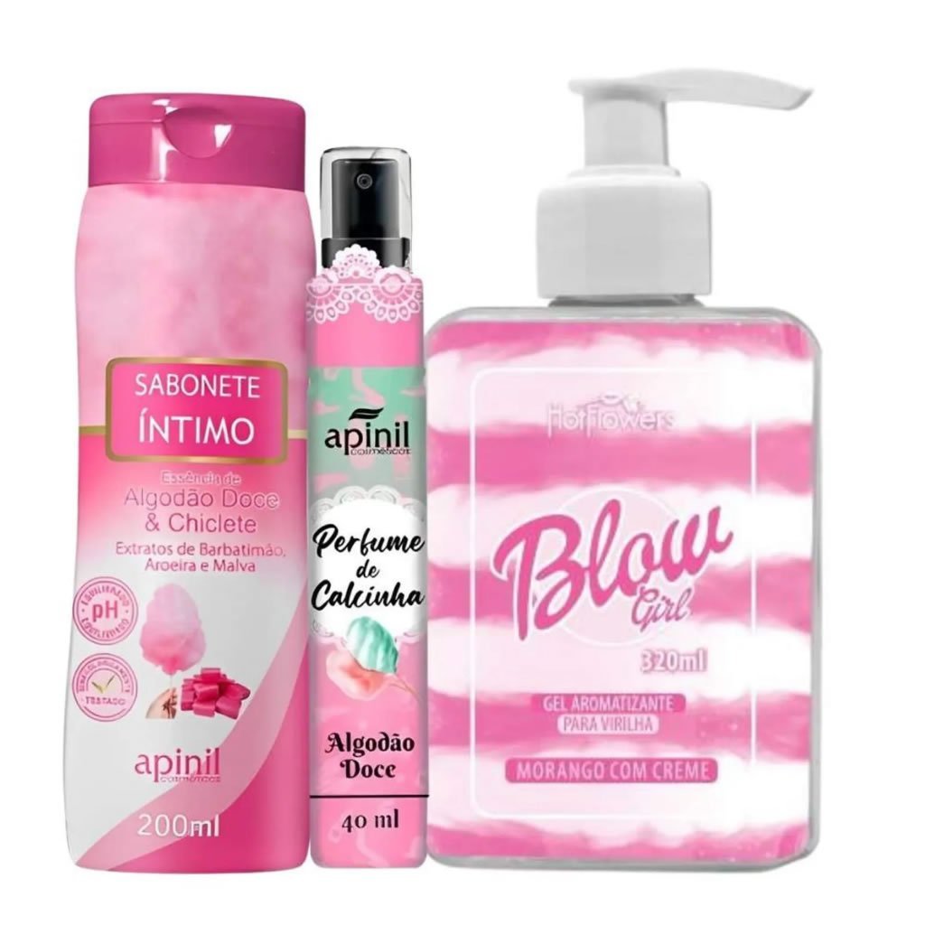 KIT Blow Girl Gel Hidratante Aroma Morango + Sabonete Íntimo Líquido + Perfume de Calcinha SEXSHOP