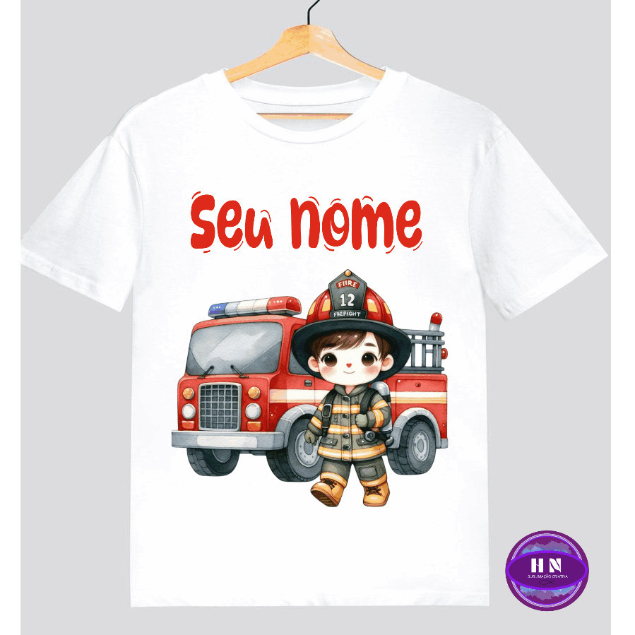Camiseta Camisa Algodão Camiseta Camisa Camisa  Bombeiro Com Nome Aniversario Bombeirinho Infantil T-shrit 301. Premium