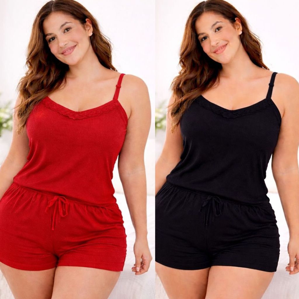 Kit 2 Baby Doll Plus Size Feminino  Short e Blusa Suede Alças Regulável Pijama Roupa de Dormir