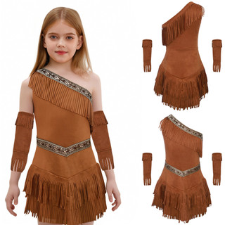 inhzoy Crianças Meninas Nativa Americana Princesa Cosplay Roupa Halloween Fantasia Vestido Bola Traje Um Ombro Sem Manga