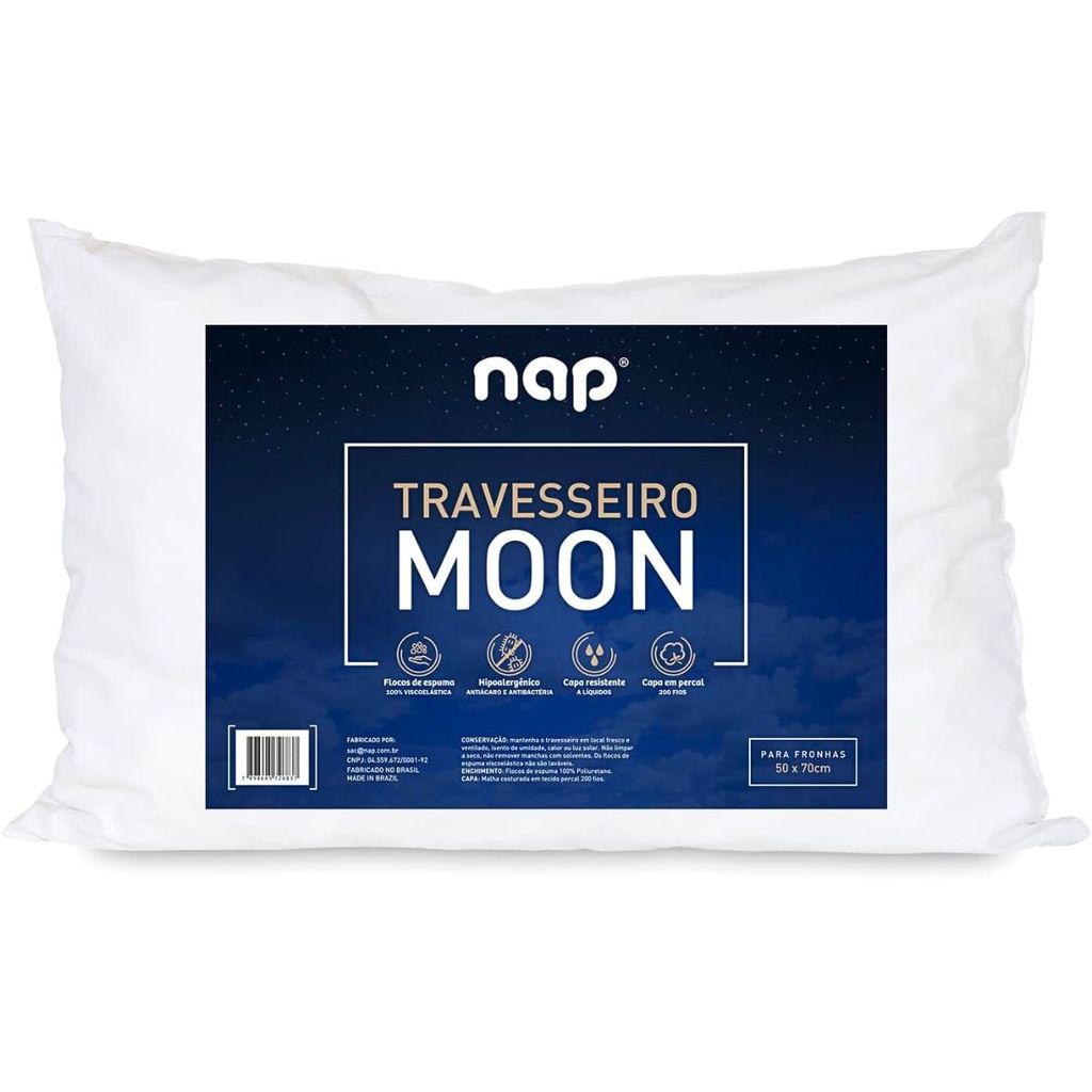 Travesseiro Nasa Premium Nap Moon Flocos de Visco Capa Percal Algodão Antiácaros Antialérgico Macio