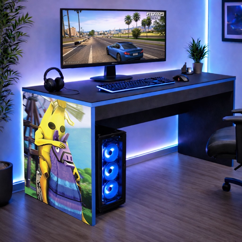 Mesa Escrivaninha Gamer Quarto infantil borda Azul Tema Fortine Banana  Achadinho Oferta