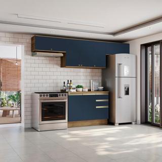 Armário de Cozinha Completa 100% MDF 280cm Nogueira/Azul Profundo Celeste Kappesberg em Oferta na Shopee