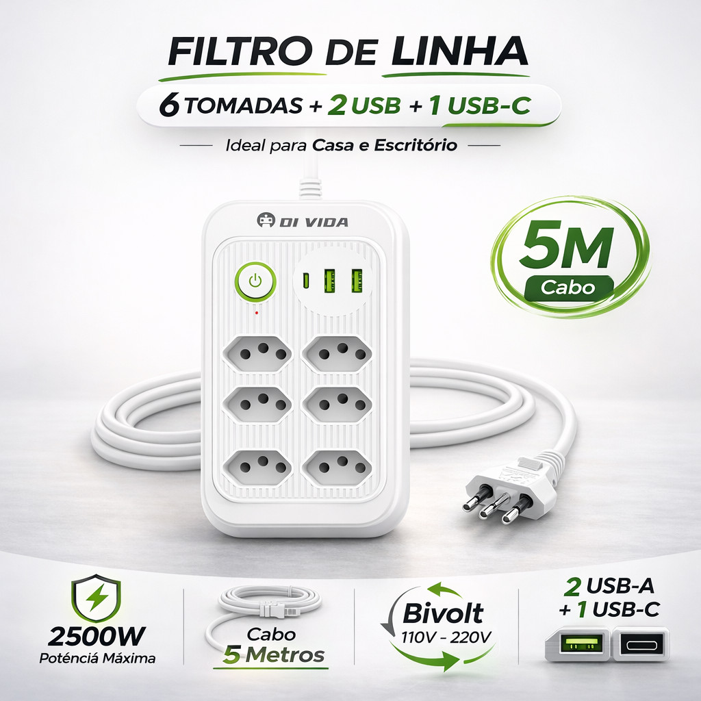 Filtro de Linha 5 Metros com 6 Tomadas + 2 USB + 1 USB-C Bivolt com Interruptor de Segurança para Casa e Escritório 2500