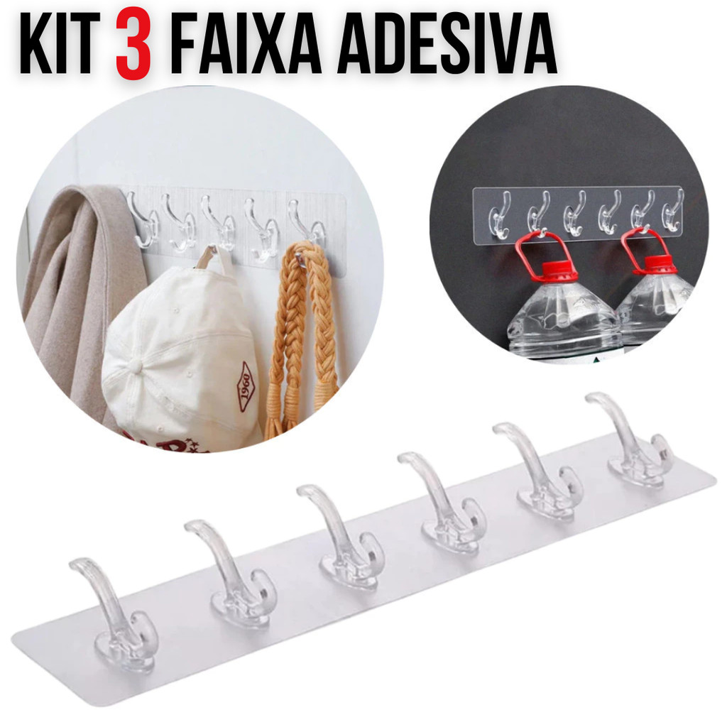 Kit 3 Faixa Adesivo 6 Ganchos Parede Cozinha Banheiro AutoColante Transparente Multiuso Suporte Organização em Oferta na Shopee