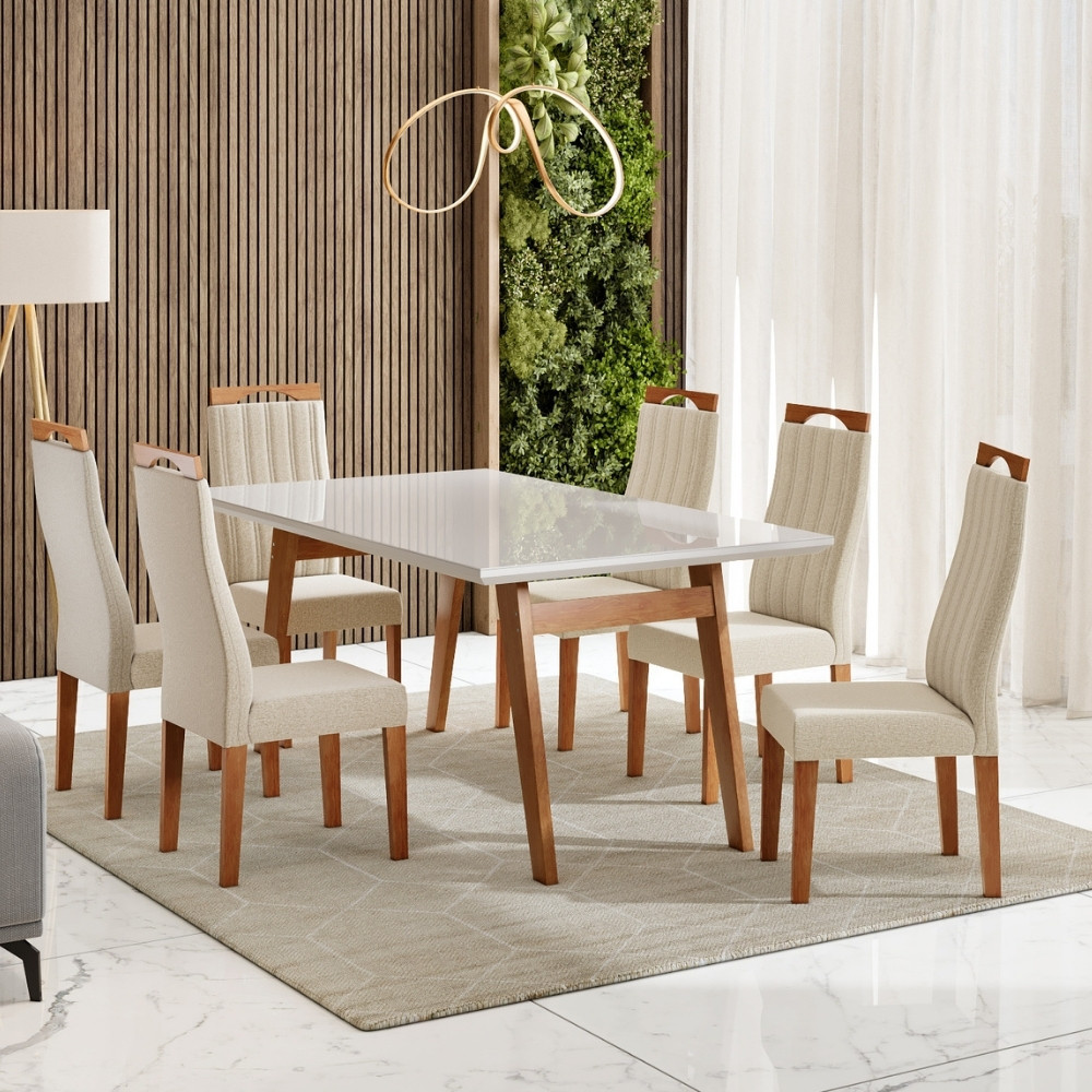 Conjunto Sala de Jantar Mesa 154cm com Tampo de Vidro Onix com 6 Cadeiras Grécia Madetal