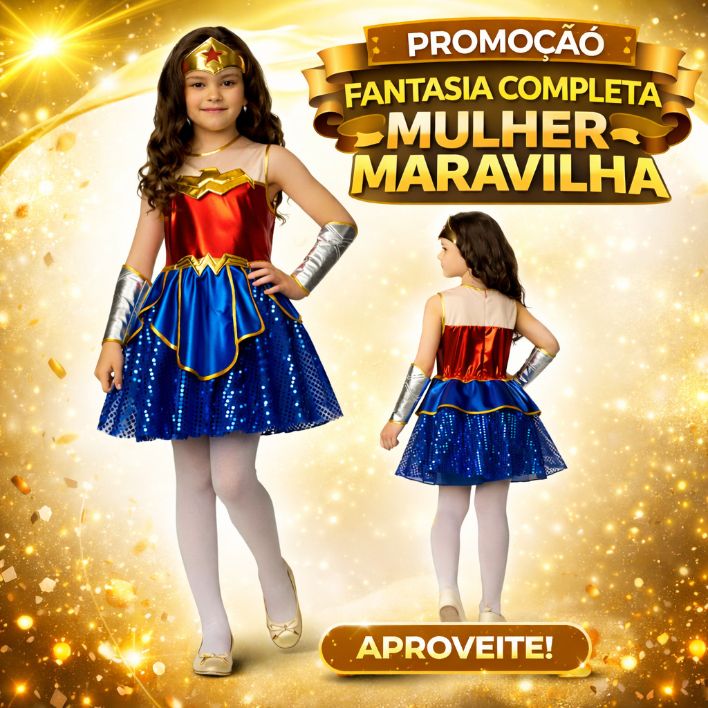 Fantasia Mulher Maravilha Luxo Infantil Vestido Acessórios Fantasia Heroina Super Heroina