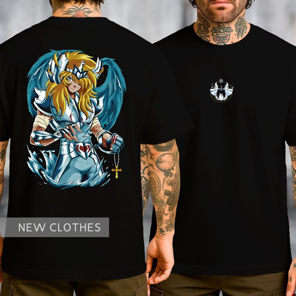 Camiseta Cavaleiros Zodíaco Hyoga de Cisne Minimalista Detalhe Peito e Arte Impacto Saint Seiya Estética Anime Coleção