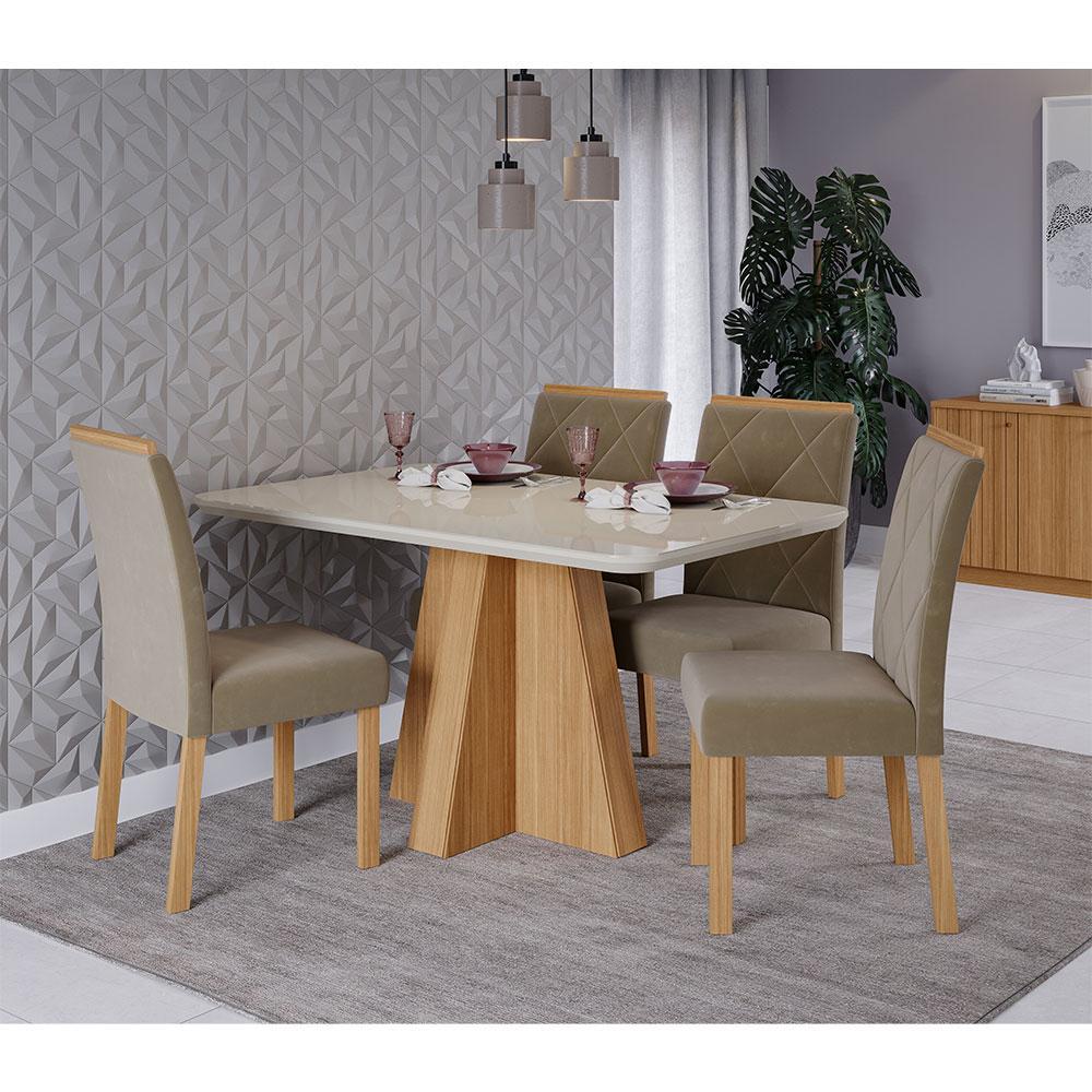 Conjunto Sala de Jantar Mesa Maite 130x80 cm e 4 Cadeiras Fernanda Wood Cimol Madeira/Off White/Madeira/Joli