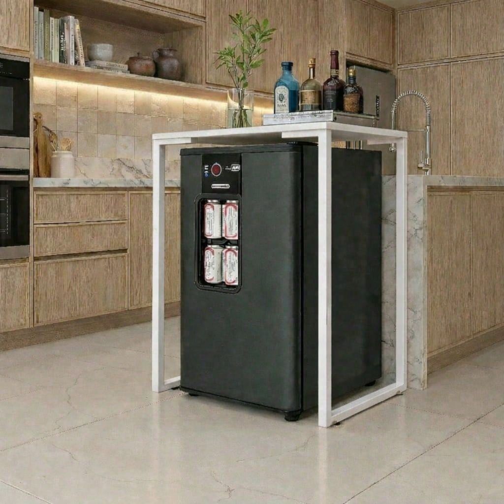 Mesa para Frigobar e Cervejeira Industrial Compacta Pés em Aço Branco 68x45x90 cm
