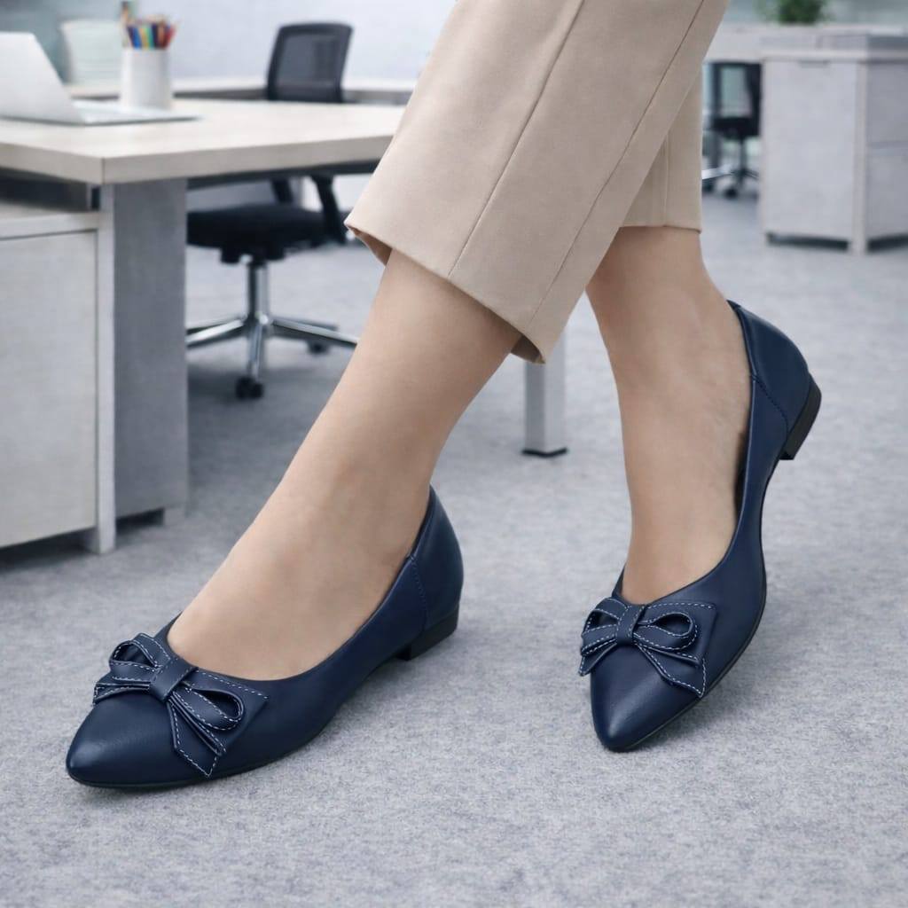 Sapatilha MocassimFeminina Confortável Bico Fino Laço Azul  Elegante Para Trabalho e Dia a Dia