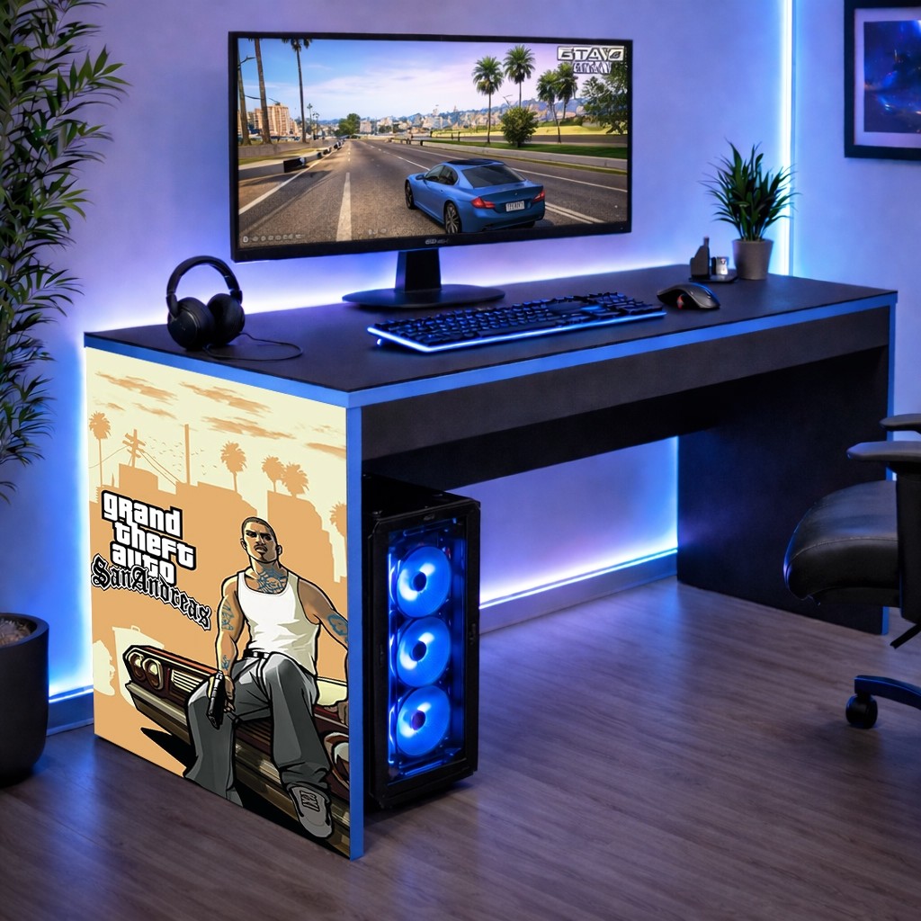 Mesinha Infantil Gamer Preta com Bordas Azuis GTA Online V Oferta