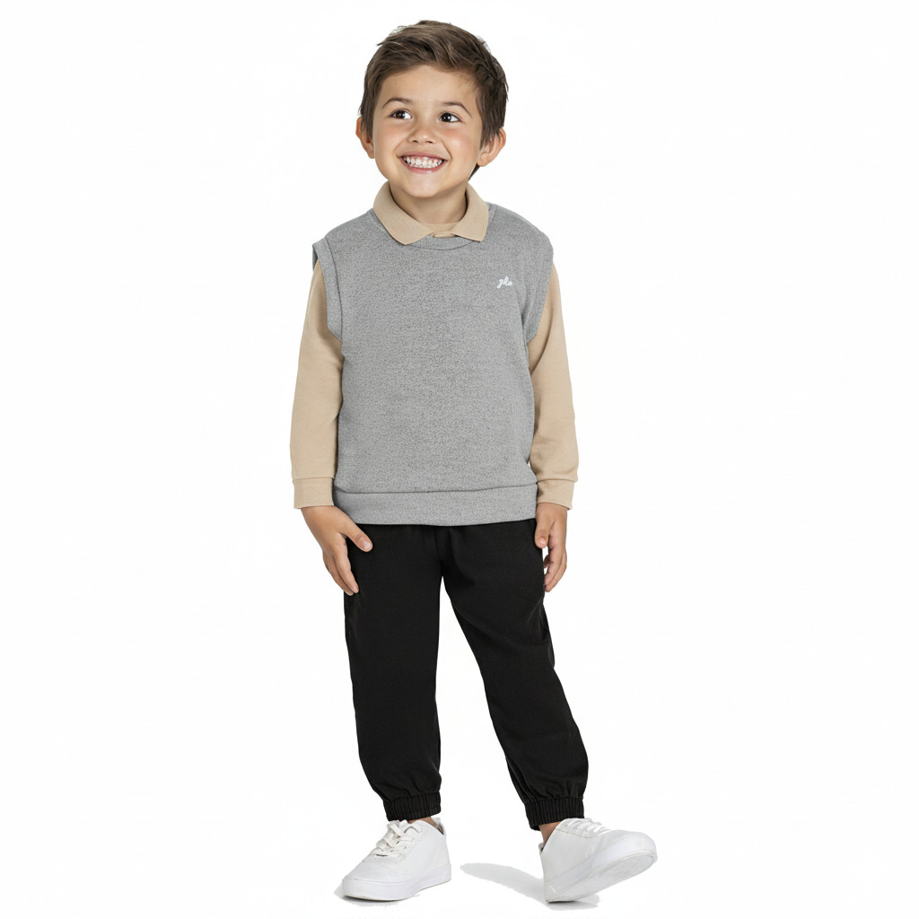 Conjunto Meninos Polo Malha Creme, Colete Mescla e Calça Sarja Preta Glinny